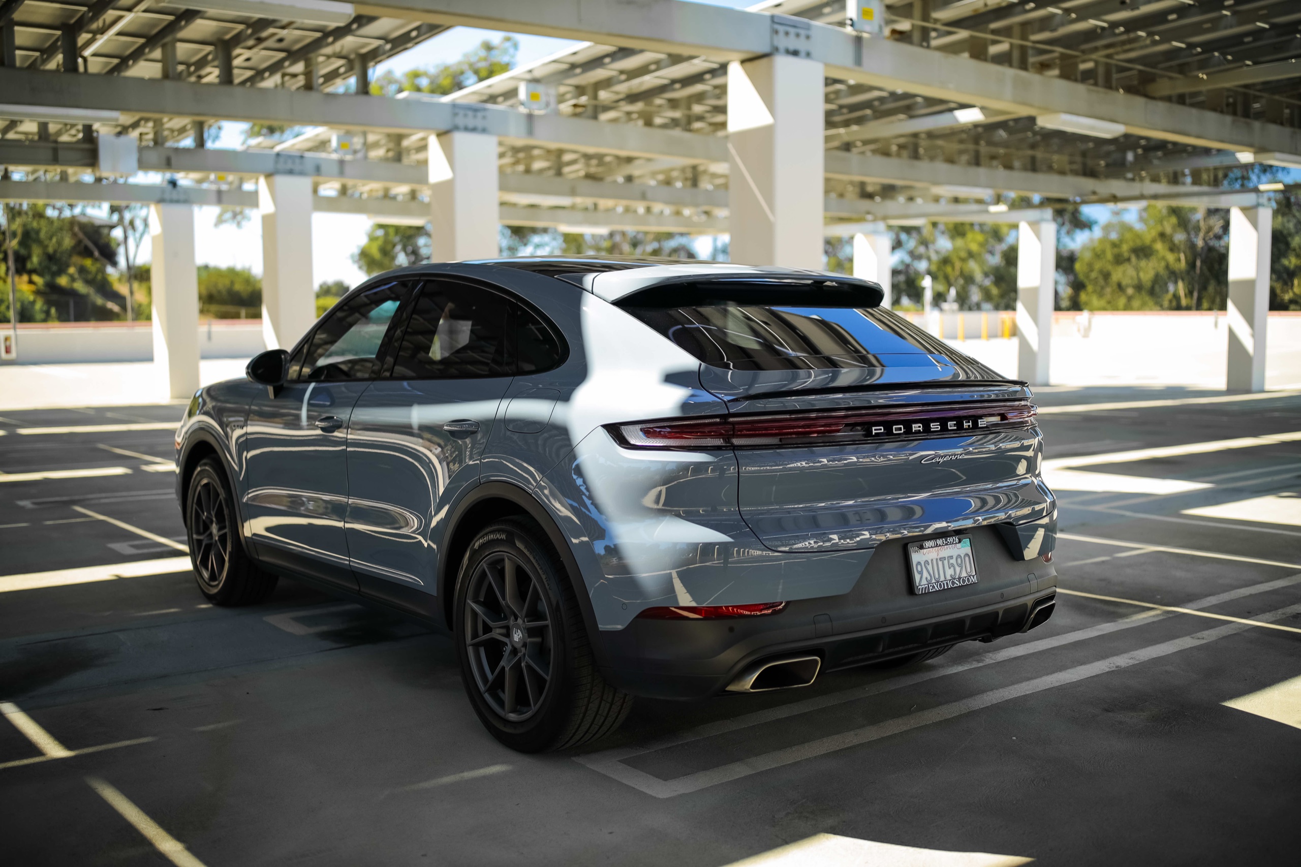 Rear three-quarter view of the Nardo Grey Porsche Cayenne