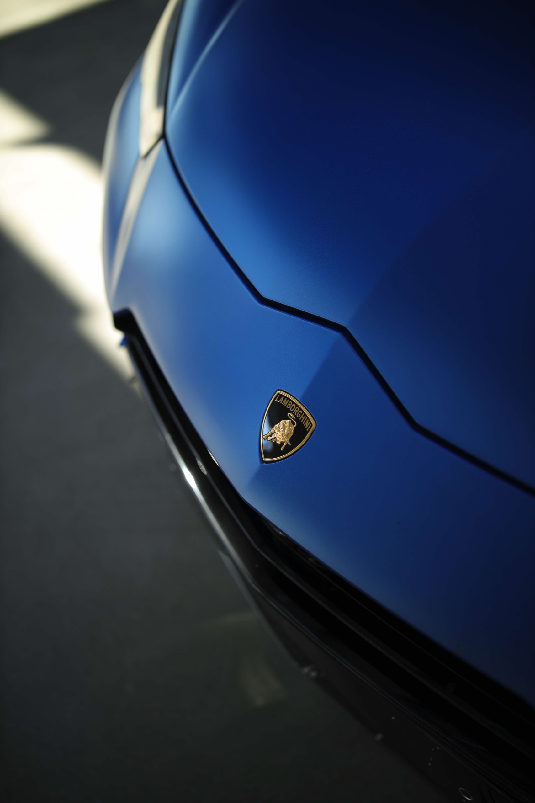 Lamborghini badge on the Frozen Blue Urus S hood