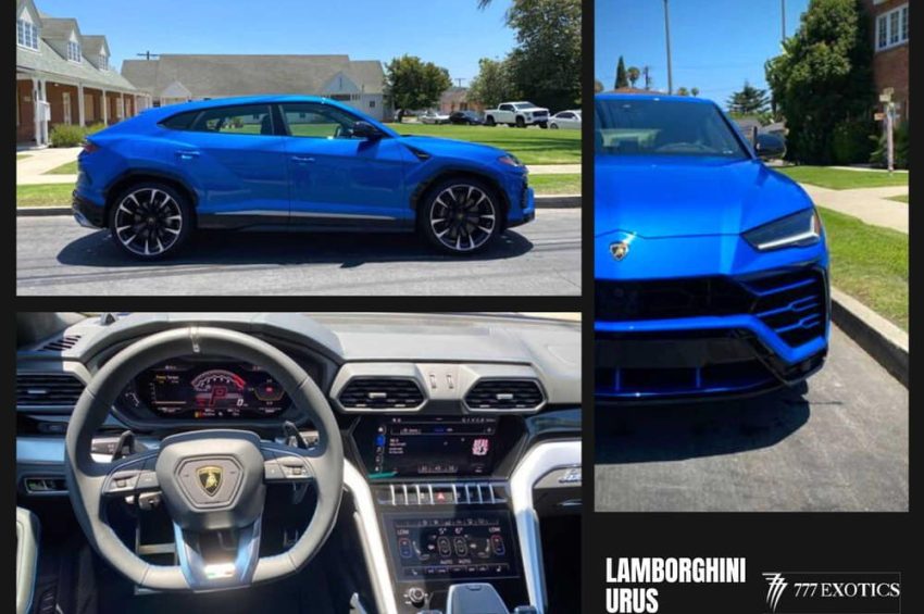 collage images of blue lamborghini urus