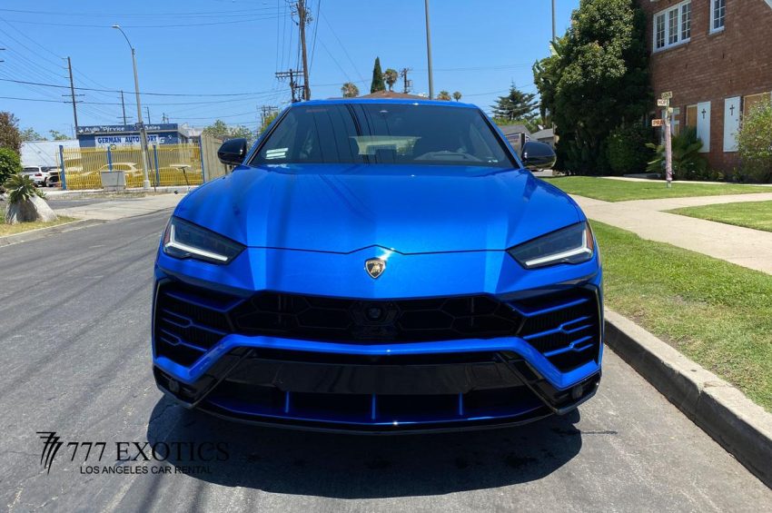 front view of blue lamborghini urus